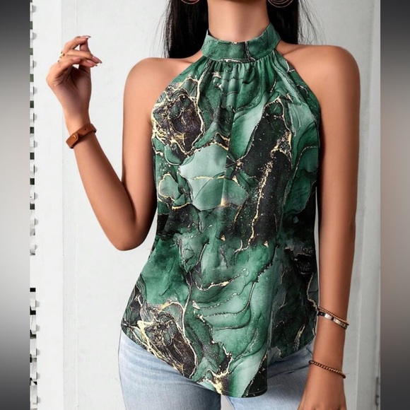 Elegant Classic Marble Water Color Print Halter Top Blouse Shirt Blue - Picture 7 of 12